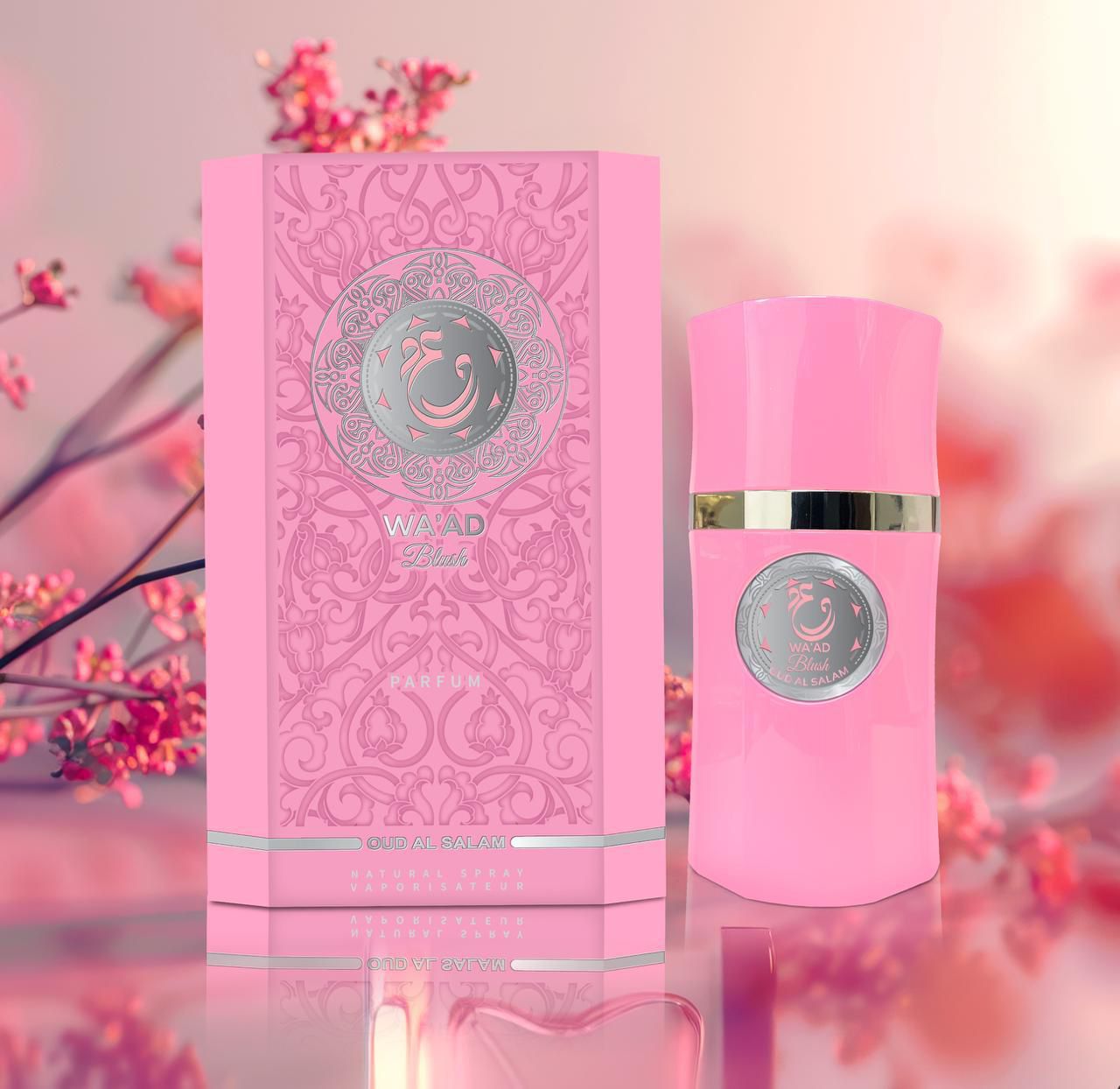 Waad Blush by Oud Al Salam pink perfume bottle and presentation box