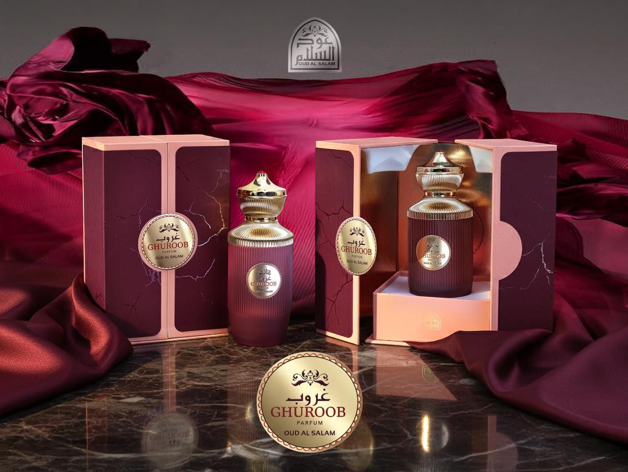 Ghuroob by Oud Al Salam burgundy perfume bottle and presentation box