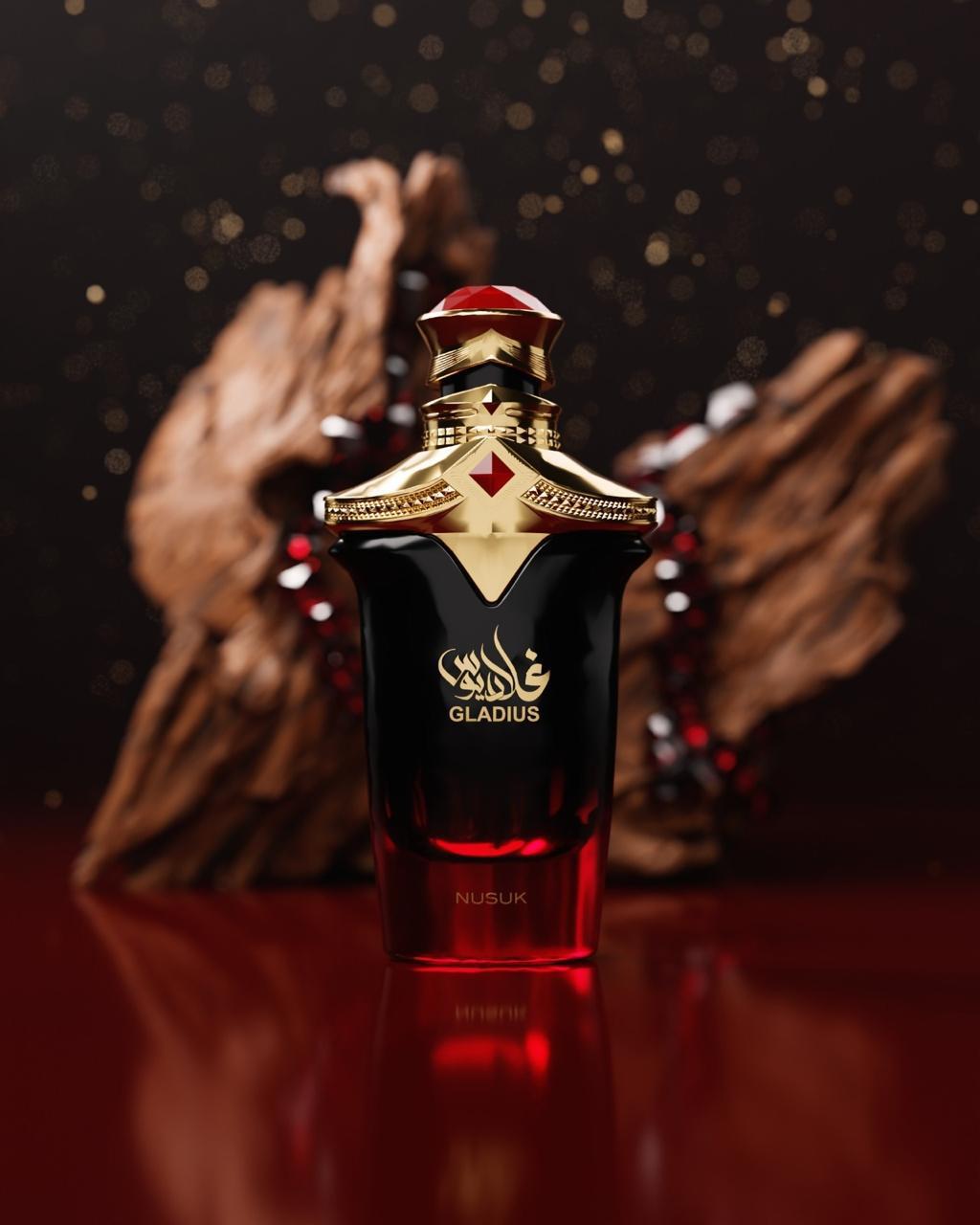 Gladius by Nusuk black and red perfume bottle
