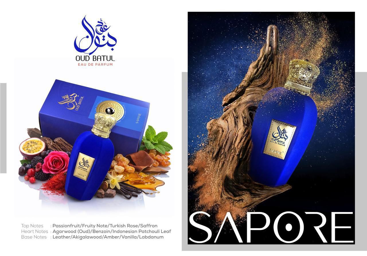 Oud Batul by Sapore blue eau de parfum bottle and presentation box