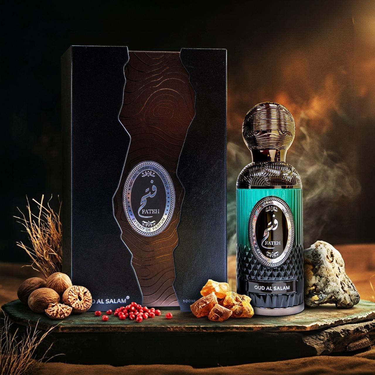 Fateh by Oud Al Salam green and black extrait de parfum bottle and box